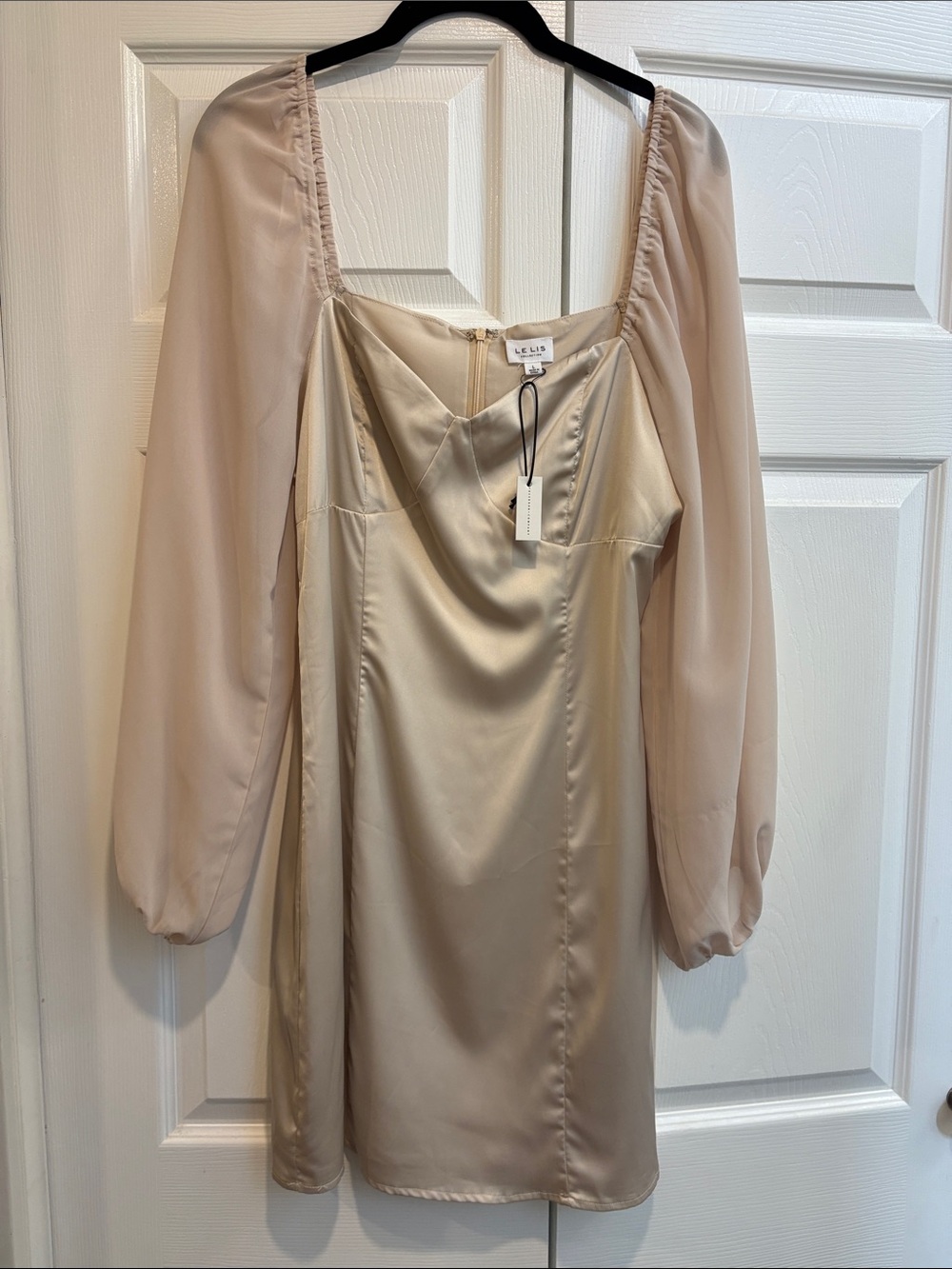 Le Lis Champagne Satin Mini Dress with Sheer Puff Sleeves